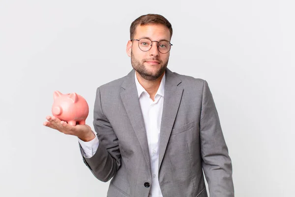 Hombre Negocios Guapo Sosteniendo Una Alcancía Concepto Ahorro — Foto de Stock