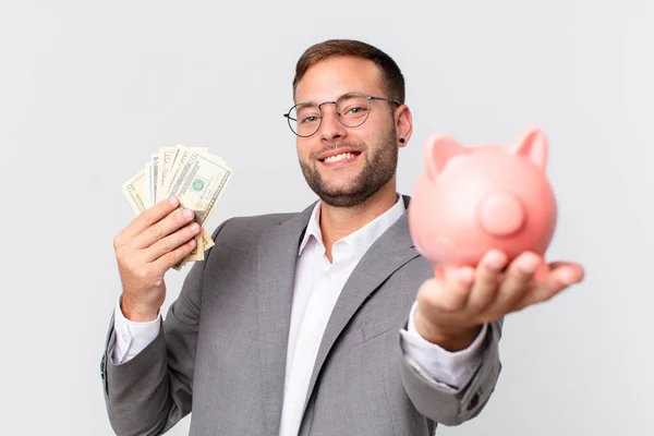 Hombre Negocios Guapo Sosteniendo Una Alcancía Concepto Ahorro — Foto de Stock