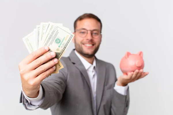 Handsome Businessman Holding Piggy Bank Savings Concept — Stock Photo, Image