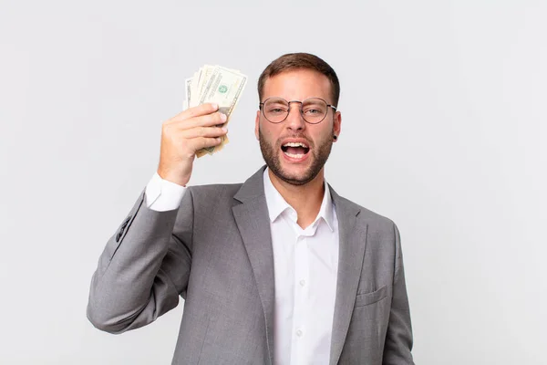 Knappe Zakenman Met Dollarbiljetten — Stockfoto