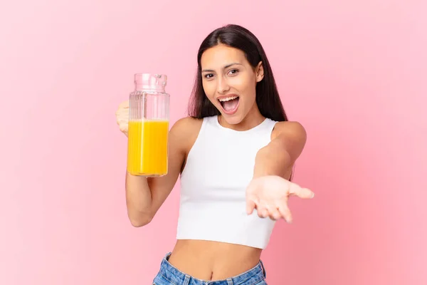 Pretty Hispanic Woman Orange Juice Breakfast Concept — Stockfoto