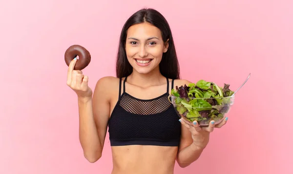 Hispanic Pretty Woman Donut Salad Diet Concept — Stockfoto