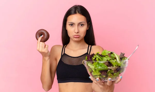 Hispanic Pretty Woman Donut Salad Diet Concept — Stock Photo, Image