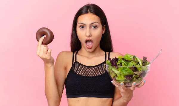 Hispanic Pretty Woman Donut Salad Diet Concept — Stock Photo, Image