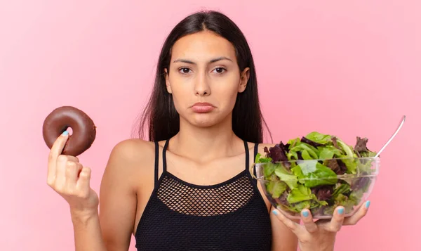 Hispanic Pretty Woman Donut Salad Diet Concept — Stock Photo, Image