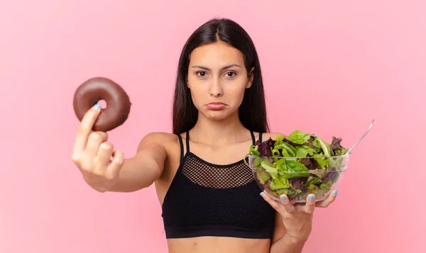 Hispanic Pretty Woman Donut Salad Diet Concept — Stock Photo, Image