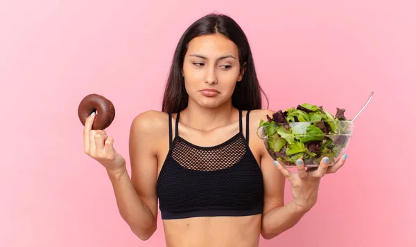 Hispanic Pretty Woman Donut Salad Diet Concept — Stock Photo, Image