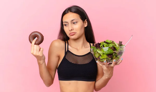 Hispanic Pretty Woman Donut Salad Diet Concept — Stock Photo, Image