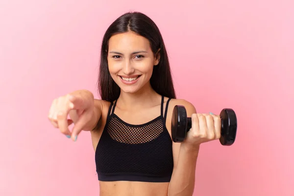 Hispanic Pretty Woman Dumbbell Fitness Concept — Stockfoto