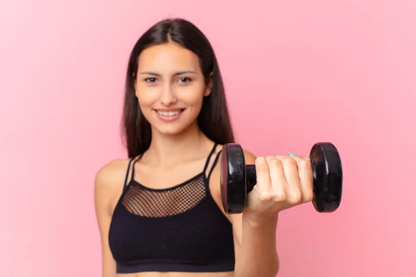 Hispanic Pretty Woman Dumbbell Fitness Concept — Stockfoto