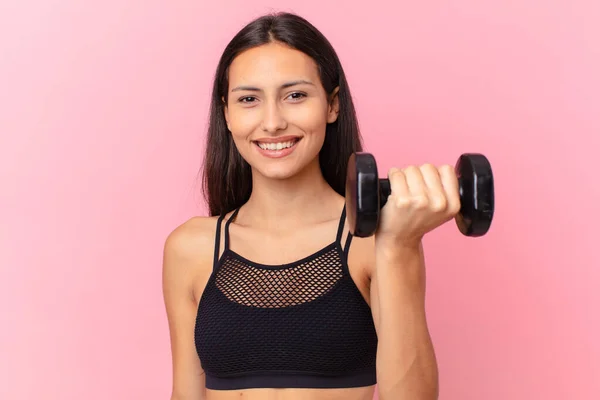 Mujer Bonita Hispana Con Una Mancuerna Concepto Fitness —  Fotos de Stock