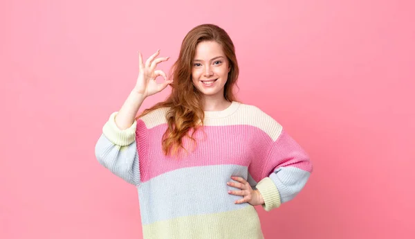 Pretty Red Head Woman Feeling Happy Showing Approval Okay Gesture — Stock Photo, Image