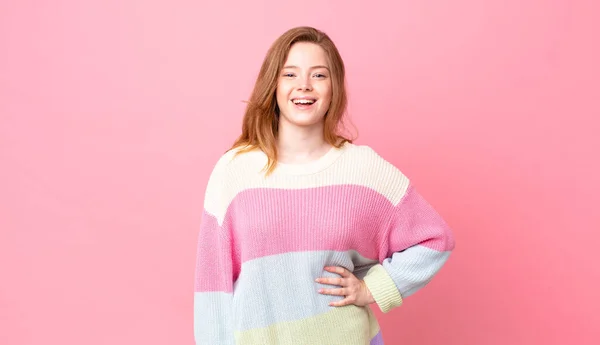 Pretty Red Head Woman Looking Happy Pleasantly Surprised — Stock Photo, Image