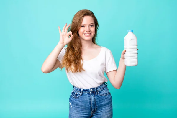Feeling Happy Showing Approval Okay Gesture Holding Milk Bottle — Stock Photo, Image