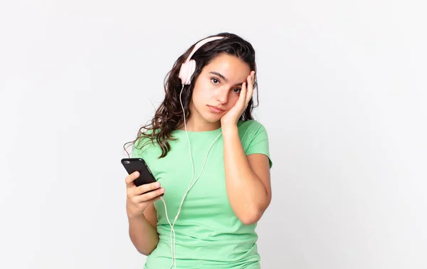 Pretty Hispanic Woman Feeling Bored Frustrated Sleepy Tiresome Headphones Smartphone — Stock Photo, Image