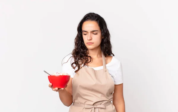 Latino Mooi Vrouw Latino Mooi Chef Kok Vrouw Zich Verdrietig — Stockfoto