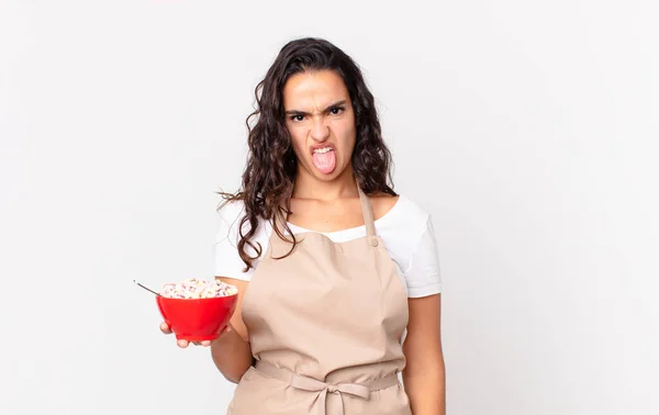 Latino Mooi Vrouw Latino Mooi Chef Kok Vrouw Gevoel Walgelijk — Stockfoto