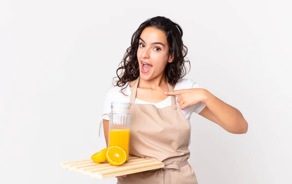 Hispanic Pretty Chef Woman Feeling Happy Pointing Self Excited Holding — Stock Photo, Image