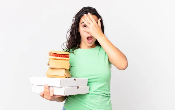 Pretty Hispanic Woman Looking Shocked Scared Terrified Covering Face Hand — Stock Photo, Image