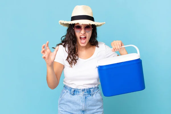 Pretty Hispanic Woman Looking Angry Annoyed Frustrated Holding Portable Refrigerator — Stock Photo, Image