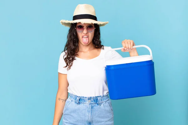 Pretty Hispanic Woman Feeling Disgusted Irritated Tongue Out Holding Portable — Stock Photo, Image