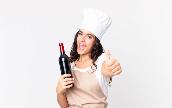 Hispanic Pretty Chef Woman Feeling Proud Smiling Positively Thumbs Holding — Stockfoto