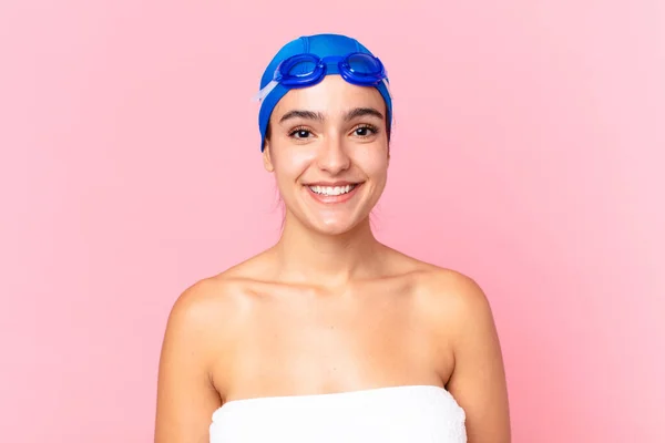 Ispanica Bella Nuotatore Donna Sorridente Felicemente Con Una Mano Sul — Foto Stock