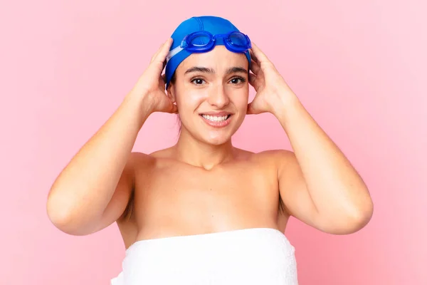Hispanic Pretty Swimmer Woman Feeling Stressed Anxious Scared Hands Head — Stockfoto