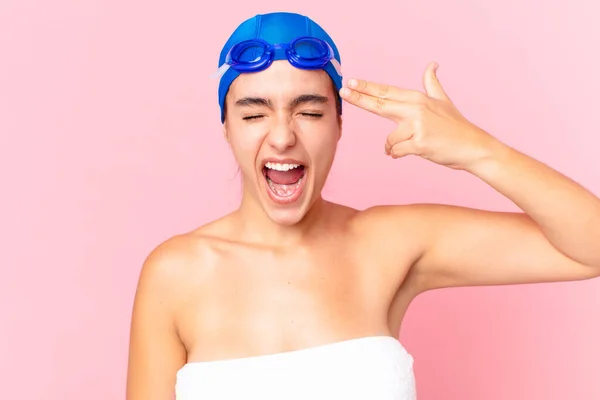 Hispanic Pretty Swimmer Woman Looking Unhappy Stressed Suicide Gesture Making — Stockfoto