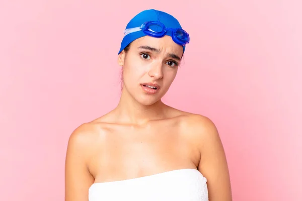 Hispanic Pretty Swimmer Woman Feeling Puzzled Confused Goggles — Stockfoto