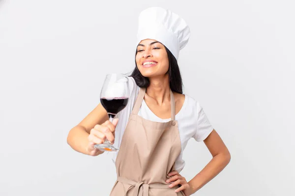 Hispanic Pretty Chef Woman Holding Glass Wine — Stockfoto