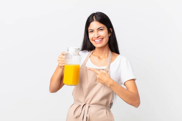 Hispanic Pretty Chef Woman Orange Juice Breakfast Concept — Stock Photo, Image