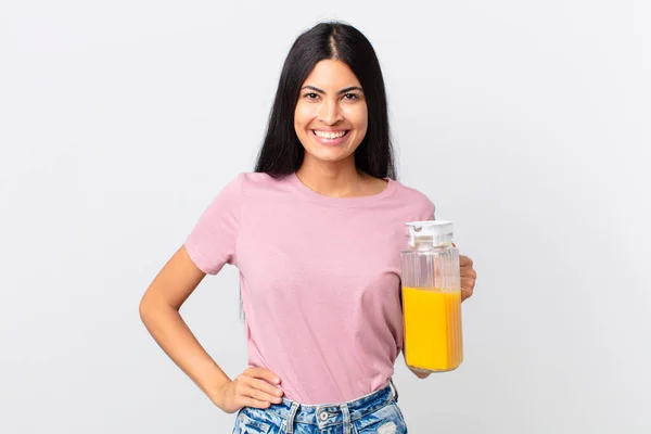 Mujer Bonita Hispana Concepto Zumo Naranja Desayuno —  Fotos de Stock