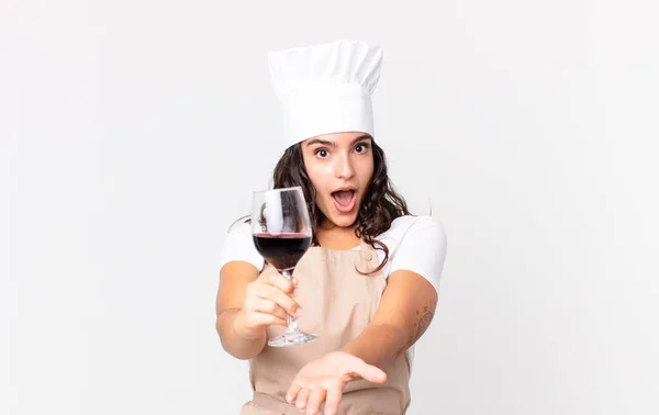 Hispanic Pretty Chef Woman Holding Glass Wine — Stockfoto