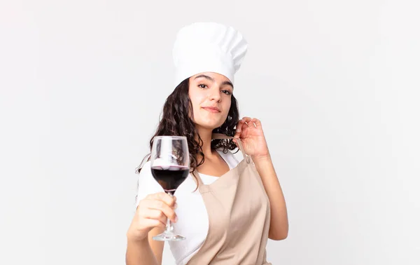 Hispanic Pretty Chef Woman Holding Glass Wine — Stockfoto