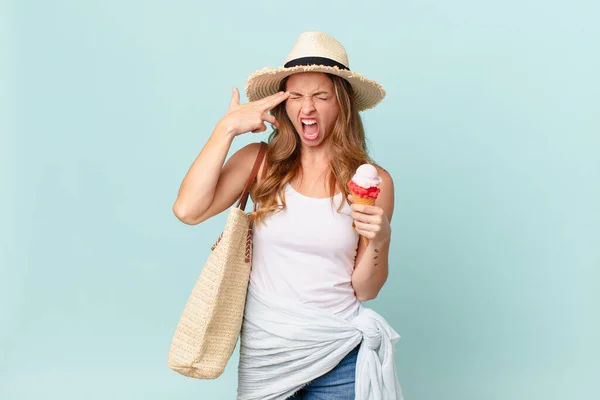 Mooie Vrouw Kijkt Ongelukkig Gestrest Zelfmoord Gebaar Maken Pistool Teken — Stockfoto