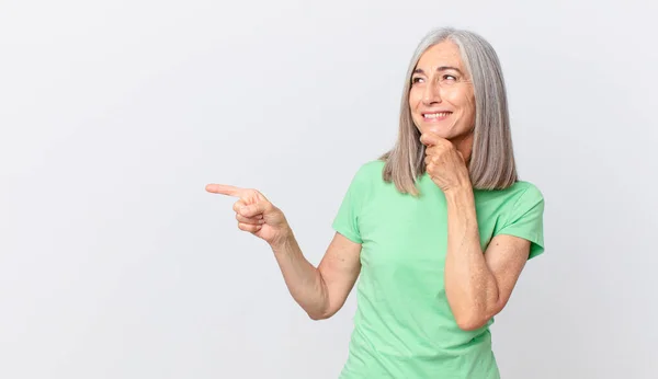 Middle Age White Hair Woman Smiling Happy Confident Expression Hand — Stock Photo, Image