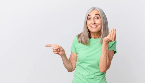 Middle Age White Hair Woman Making Capice Money Gesture Telling — Stock Photo, Image