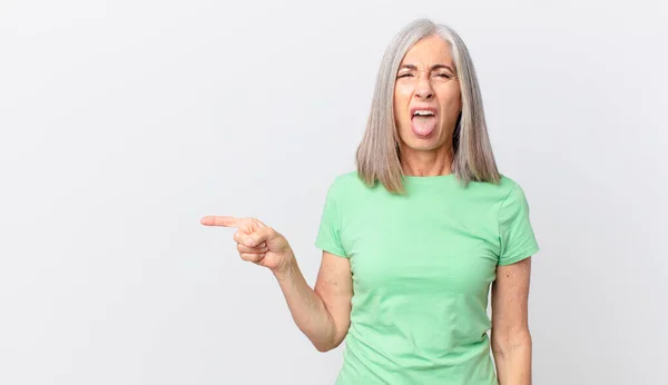 Middle Age White Hair Woman Feeling Disgusted Irritated Tongue Out — Stock Photo, Image