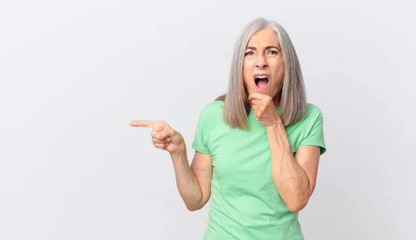 Middle Age White Hair Woman Mouth Eyes Wide Open Hand — Stock Photo, Image