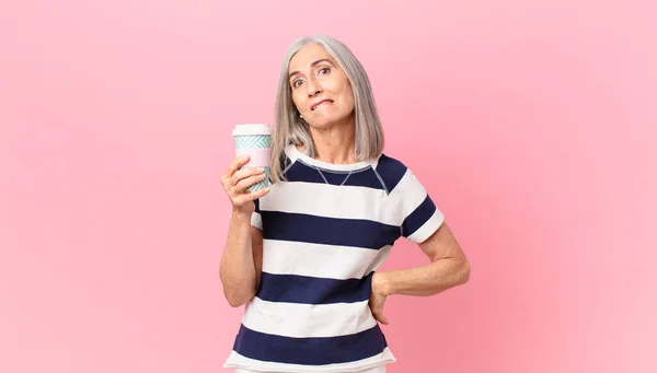 Middle Age White Hair Woman Looking Puzzled Confused Holding Take — Stock Photo, Image