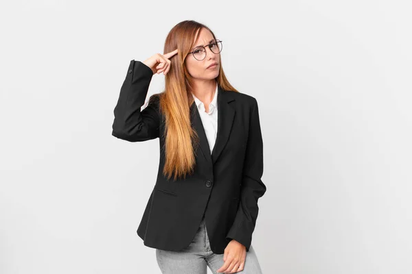 Pretty Woman Feeling Confused Puzzled Showing You Insane Business Concept — Stock Photo, Image
