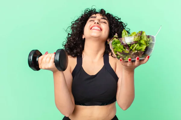 Pretty Arab Woman Dumbbell Salad Fitness Concept — Stock Photo, Image