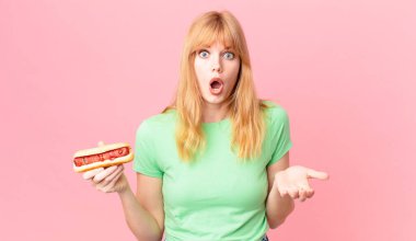 Güzel kızıl saçlı kadın şaşırdı, şaşırdı ve hayrete düştü. İnanılmaz bir sürpriz ve elinde sosisli sandviç vardı.