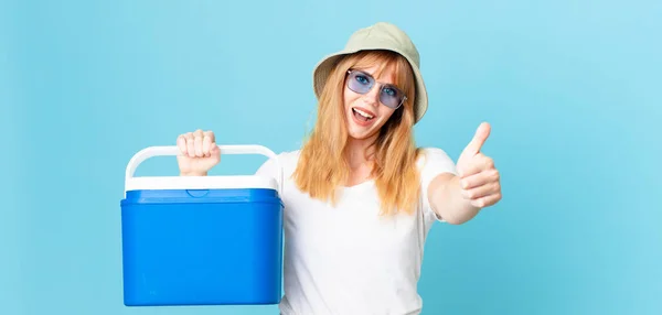 Pretty Red Head Woman Feeling Proud Smiling Positively Thumbs Holding — Stock Photo, Image