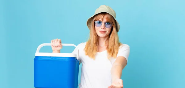 Pretty Red Head Woman Smiling Happily Friendly Offering Showing Concept — Stock Photo, Image