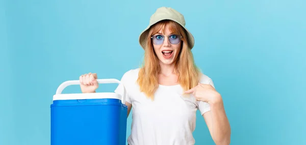 Pretty Red Head Woman Feeling Happy Pointing Self Excited Holding — Stock Photo, Image