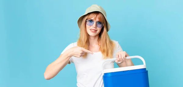 Pretty Red Head Woman Smiling Cheerfully Feeling Happy Pointing Side — Stock Photo, Image