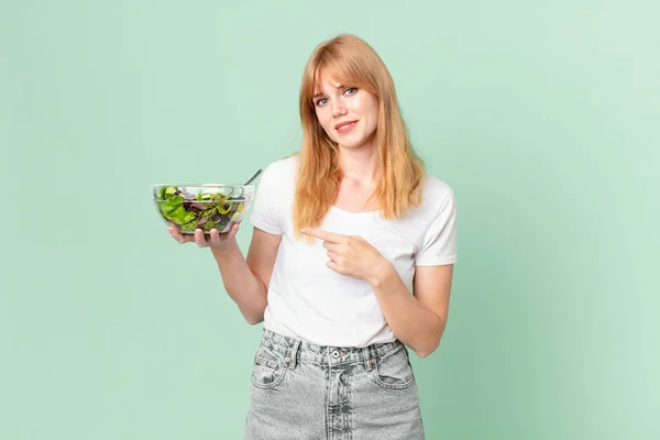 Pretty Red Head Woman Smiling Cheerfully Feeling Happy Pointing Side — Stock Photo, Image