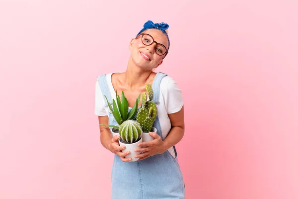 Young Pretty Woman House Plant — Stock Photo, Image